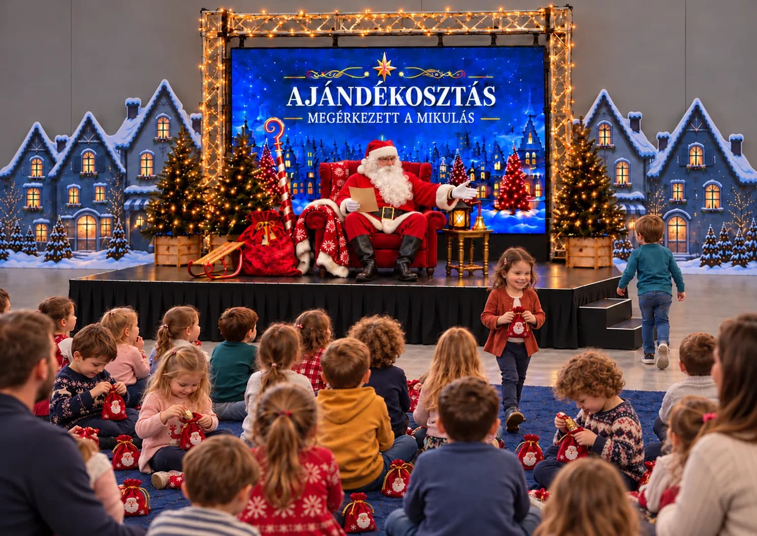 A Mikulás a színpadon ül az „Ajándékosztás” felirat alatt, előtte a földön ülő gyerekek