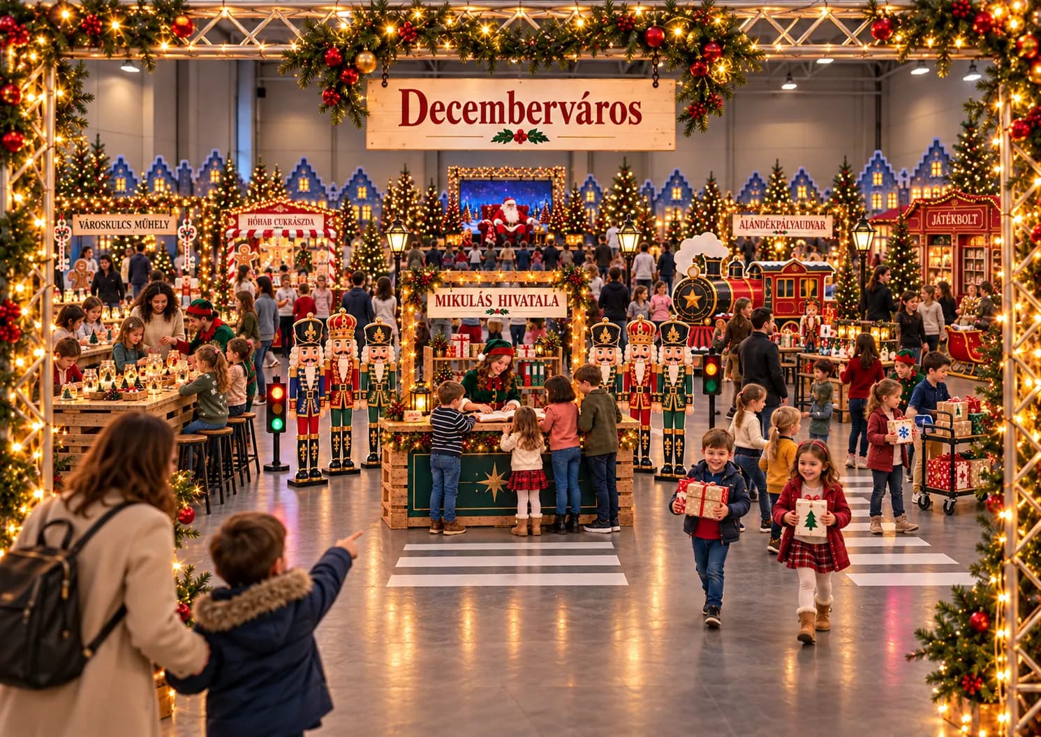 Decemberváros egy feldíszített csarnokban: a „Decemberváros” felirat alatt az állomások táblái, a Mikulás hivatala diótörő figurákkal és csomagokkal sétáló gyerekek