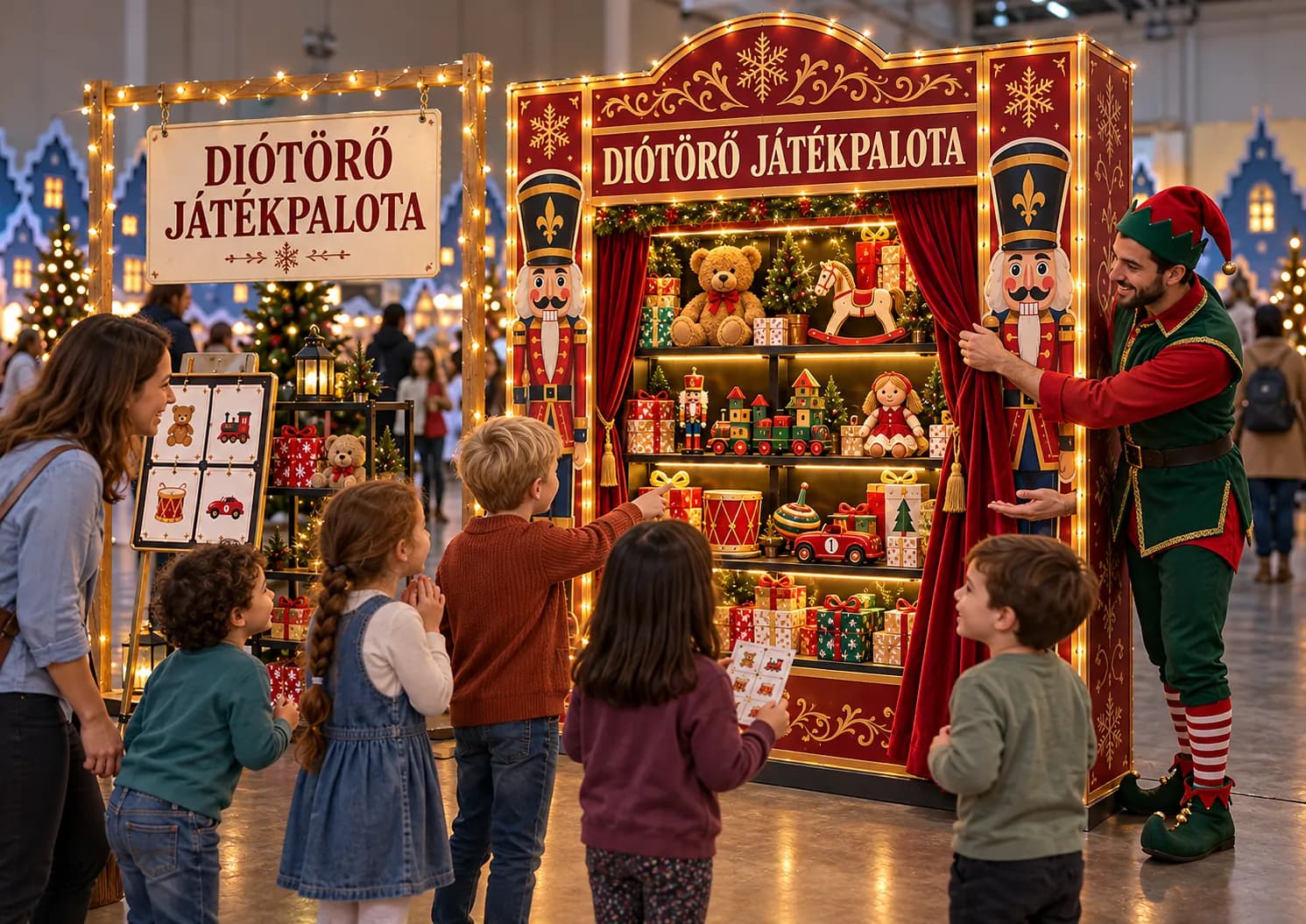 Gyerekek a Diótörő Játékpalota kirakatát figyelik, egy manó mutatja a játékokat