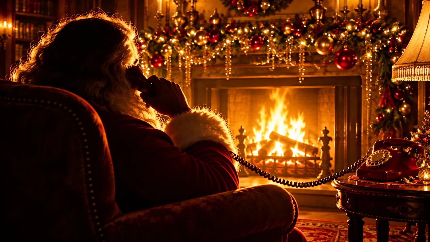 A Mikulás a kandalló mellett ülve telefonál