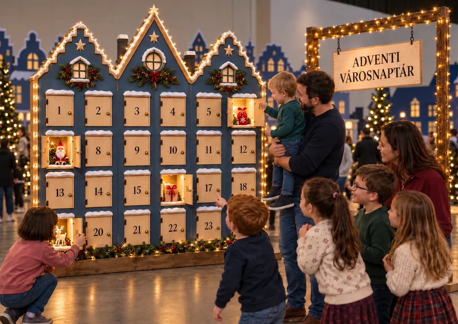 Egy család kinyitja az óriás adventi városnaptár egyik számozott ajtaját